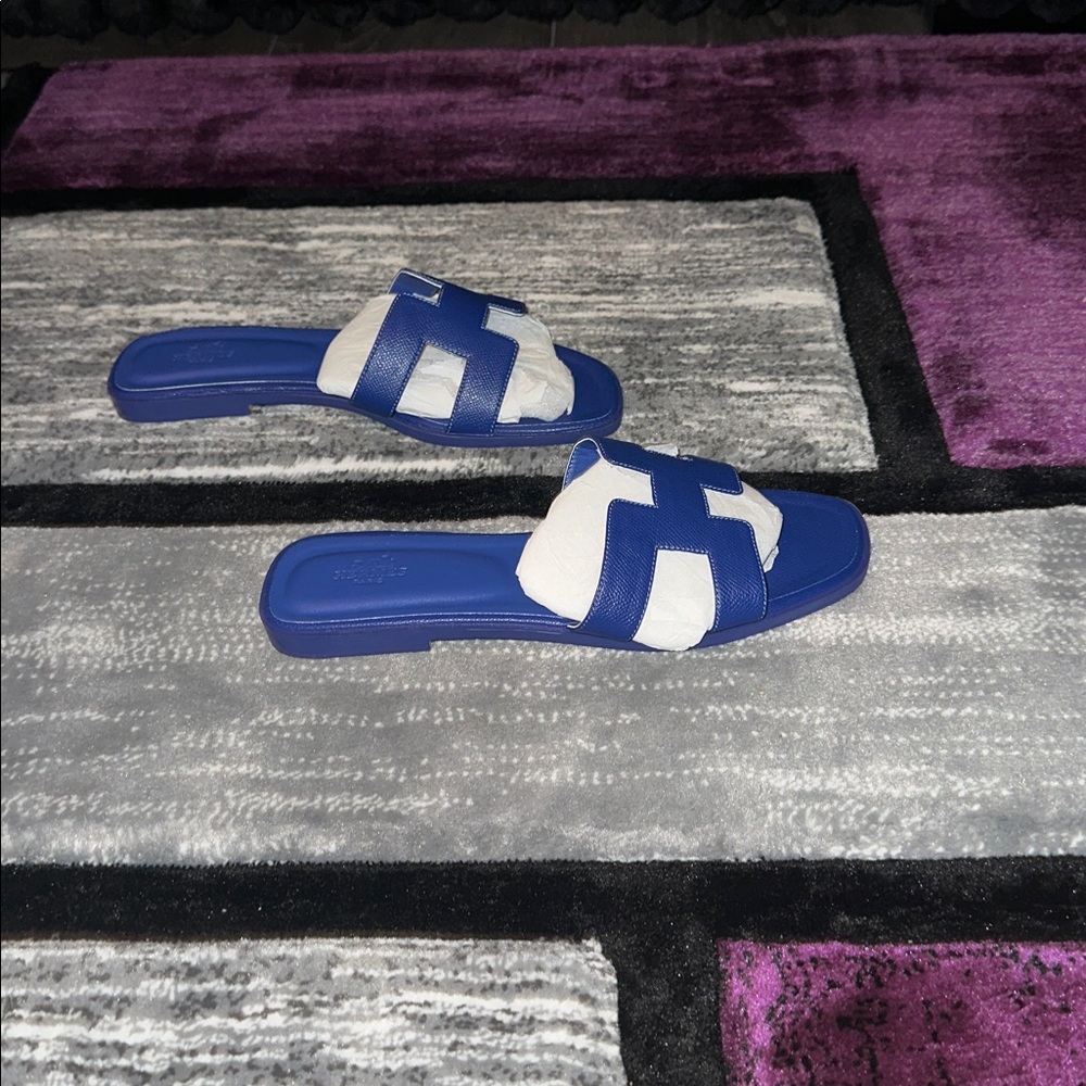 Blue Leather Slide Sandals - Picture 3 of 8